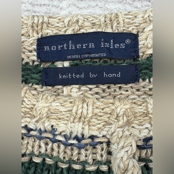 VTG Northern Isles Mens Hand Knit 3D Fisherman Sweater Size L 80S Grandpacore - Picture 2 of 11
